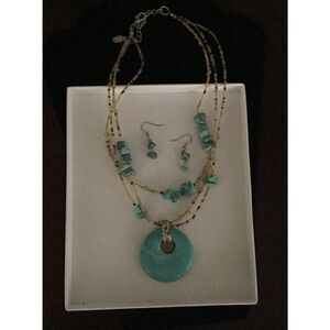 Gorgeous Triple Strand Citrine Bead & Turquoise Medallion Necklace & Earring Set